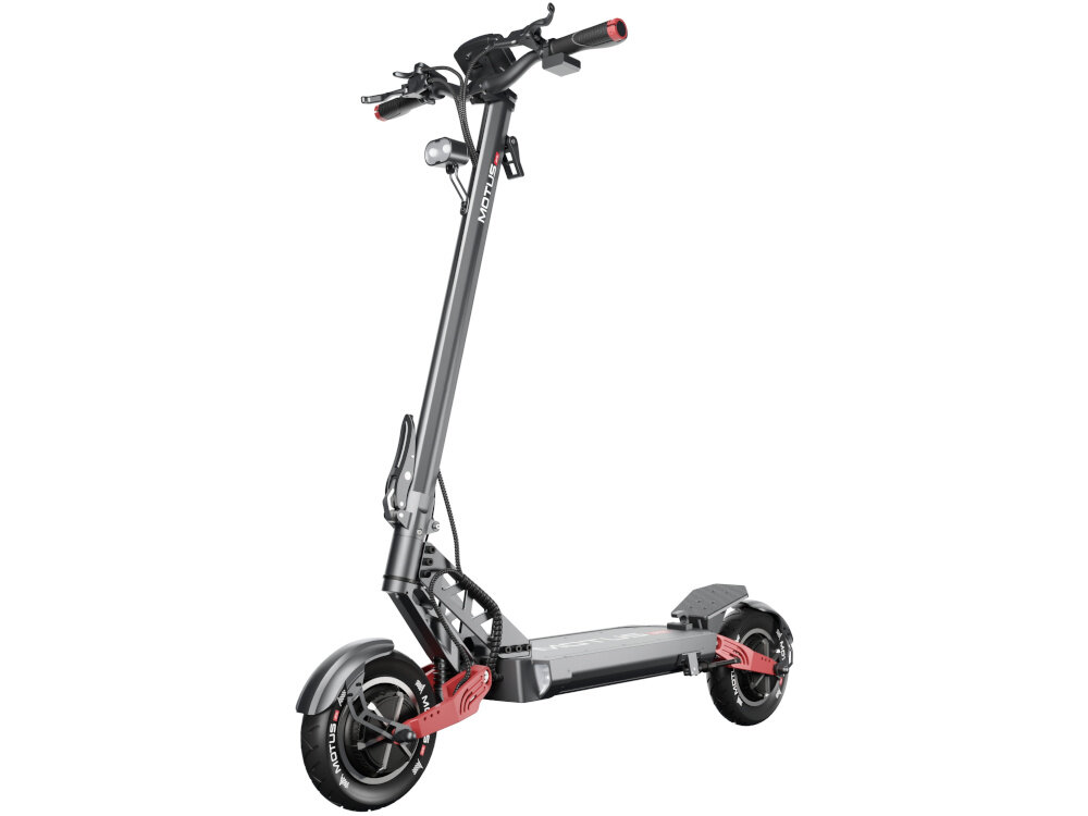 Hulajnoga elektryczna MOTUS Pro 10 Daytona 65km 2x1000W Amortyzacja 10 cali Czarny hulajnoga na białym tle widoczna od przodu pod skosem system KERS odzyskiwanie energii kinetycznej pojazdu podczas hamowania bateria starcza na dłużej większy zasięg