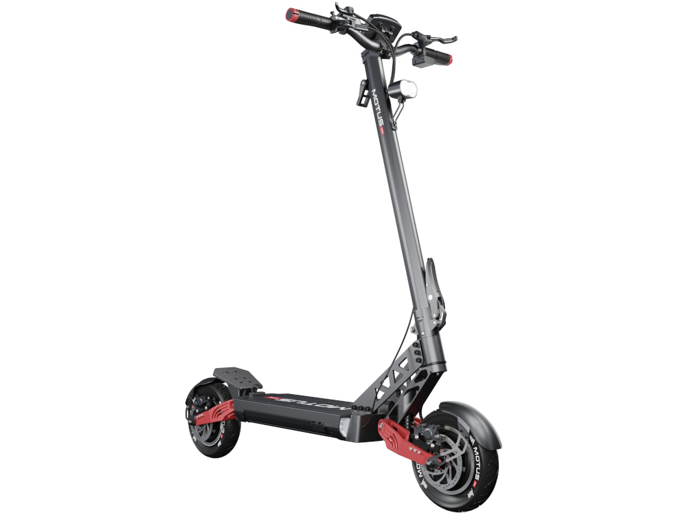 Hulajnoga elektryczna MOTUS Pro 10 Daytona 65km 2x1000W Amortyzacja 10 cali Czarny hulajnoga na białym tle widoczna od przodu pod skosem 10-calowe koła bezdętkowe o niskim oporze toczenia duża przyczepność do podłoża wzorowano na oponach wyścigowych bardzo dobrze absorbują wstrząsy i nierówności terenu duża elastyczność pełna kontrola