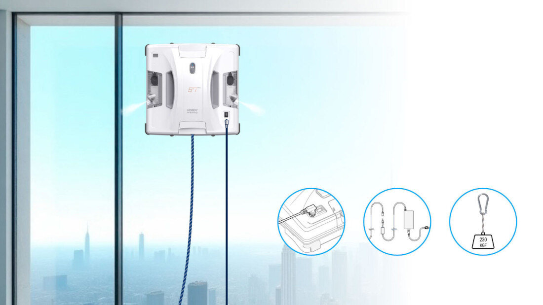 Robot do mycia okien HOBOT S7 Pro Linka zabezpieczająca podłączony podczas pracy  złącze DC 4-metrowy przewód Wytrzymała linka długość 