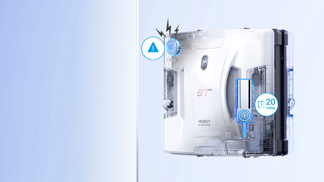 Robot do mycia okien HOBOT S7 Pro Wbudowana bateria wbudowany system zasilania awaryjnego UPS czas nieprzerwany sygnał dźwiękowy alarmowy