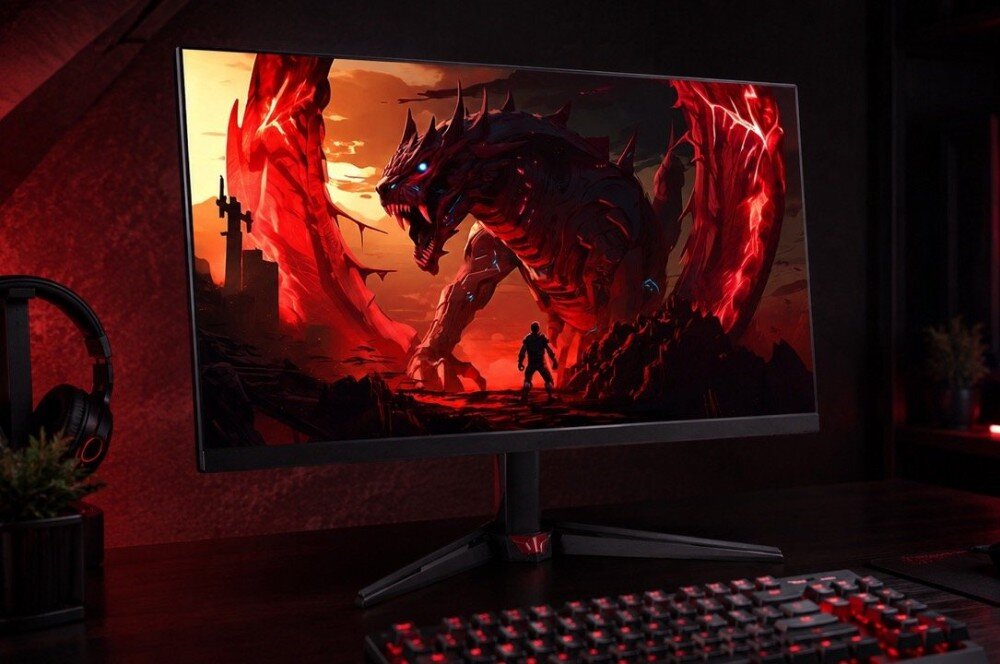 Monitor ACER Nitro VG240YW3BMIIPX Monitor komputerowy na biurku z wyświetloną grafiką potwora i postaci, obok widoczna klawiatura oraz słuchawki