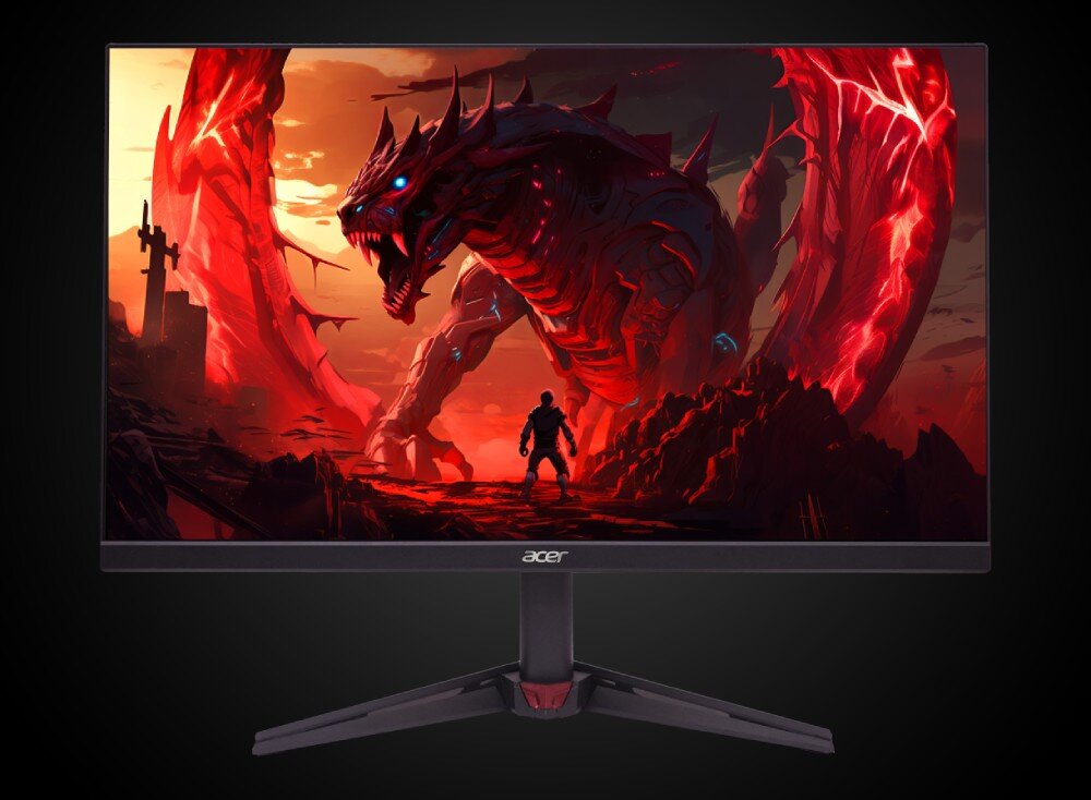 Monitor ACER Nitro VG240YW3BMIIPX Monitor stoi na trójramiennej podstawie, a na jego ekranie widnieje grafika przedstawiająca wielką bestię i stojącą przed nią postać