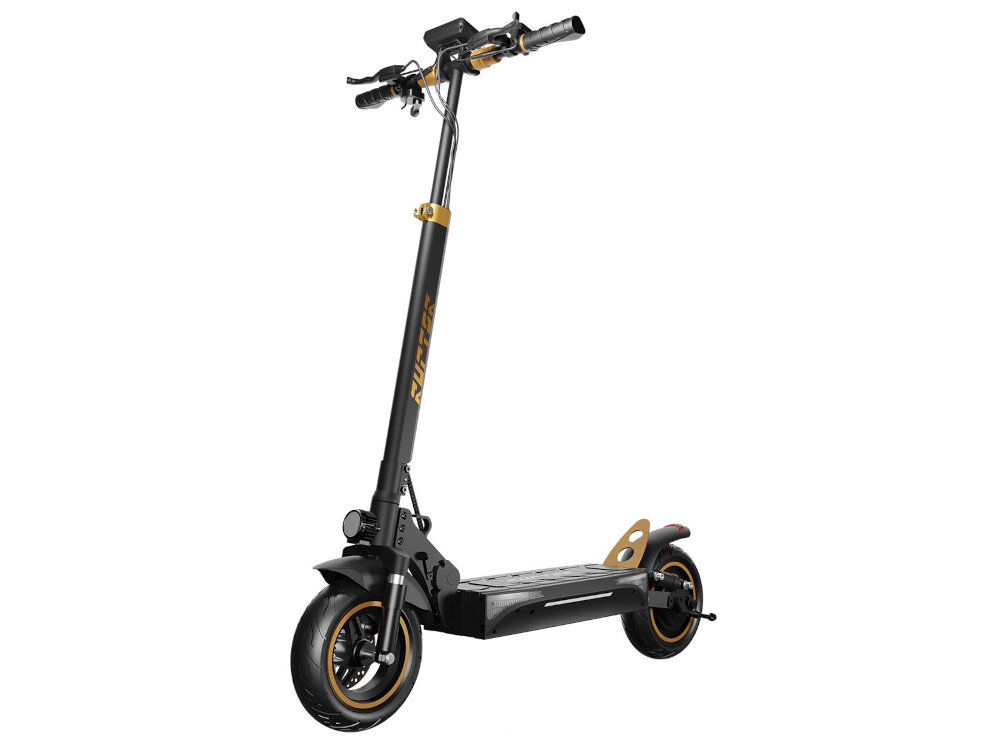 Hulajnoga elektryczna RUPTOR R1 V2 80 km 500W Amortyzacja 10 cali Miedziany hulajnoga na białym tle widoczna od przodu pod skosem sygnał dźwiękowy komunikowanie się z innymi użytkownikami drogi Tempomat aktywuje się zaledwie po 6 sekundach jazdy ze stałą prędkością ustawić i utrzymywać stałą prędkość pojazdu zwiększenie bezpieczeństwa na drodze i oszczędność energii