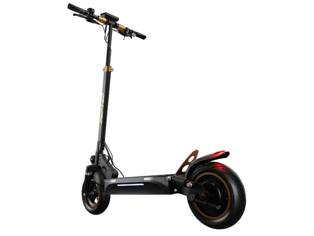 Hulajnoga elektryczna RUPTOR R1 V2 80 km 500W Amortyzacja 10 cali Miedziany hulajnoga na białym tle widoczna od tyłu pod skosem składana stopka stawianie hulajnogi na twardych i lekko nierównych powierzchniach wytrzymała nóżka w centralnym punkcie ciężkości stabilna podczas postoju