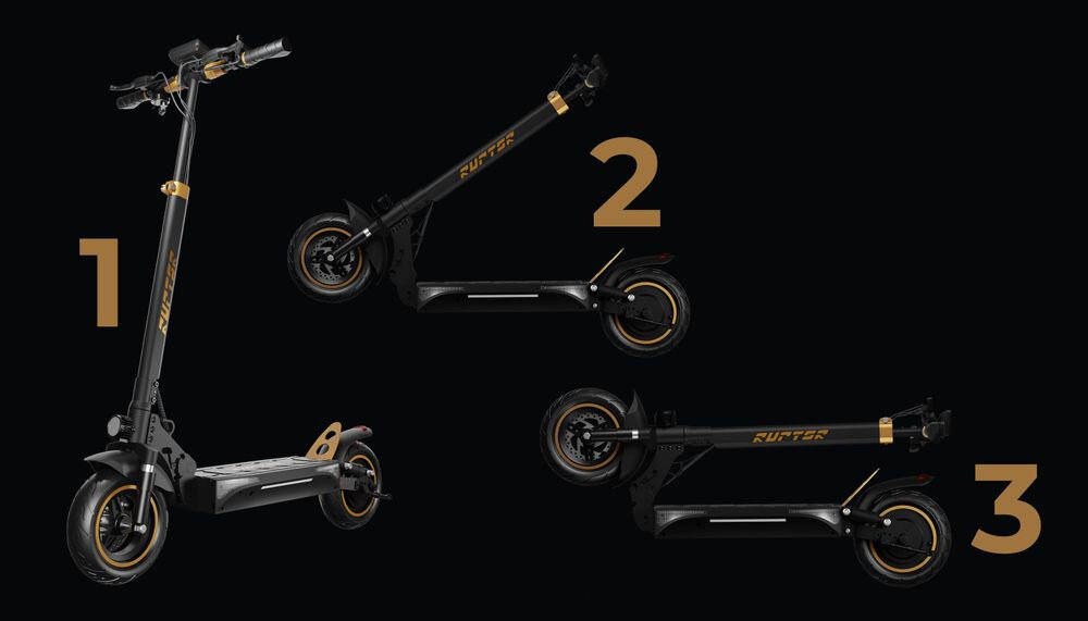 Hulajnoga elektryczna RUPTOR R1 V2 80 km 500W Amortyzacja 10 cali Miedziany ciemne tło hulajnoga w trzech ujęciach ujęcia pokazują system składania łatwe przechowywanie i transport składanie odbywa się w trzech prostych ruchach mechanizm składania jest intuicyjny i bezpieczny mobilność użytkownika
