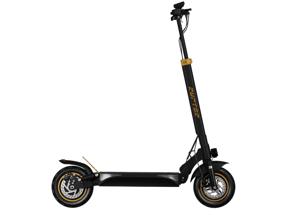 Hulajnoga elektryczna RUPTOR R1 V2 80 km 500W Amortyzacja 10 cali Miedziany białe tło hulajnoga widoczna z boku stopień ochrony IP54 odporna na pył i zachlapania wodą korzystanie podczas lekkiego deszczu na zapylonych nawierzchniach miejskich zwiększa trwałość elektroniki i komponentów