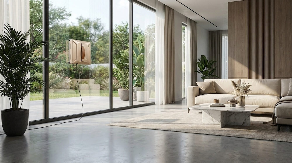 Robot do mycia okien OXTENO ROBOTICS OX Glass Ultra 5  Smukły profil o wysokości 69 mm kwadratowa konstrukcja w eleganckim kolorze „ciepły piasek” Estetyczny design