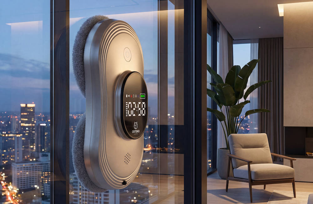 Robot do mycia okien przymocowany do szyby w nowoczesnym wnętrzu z widokiem na miasto. Na urządzeniu widoczny jest wyświetlacz z logo OXTENO.