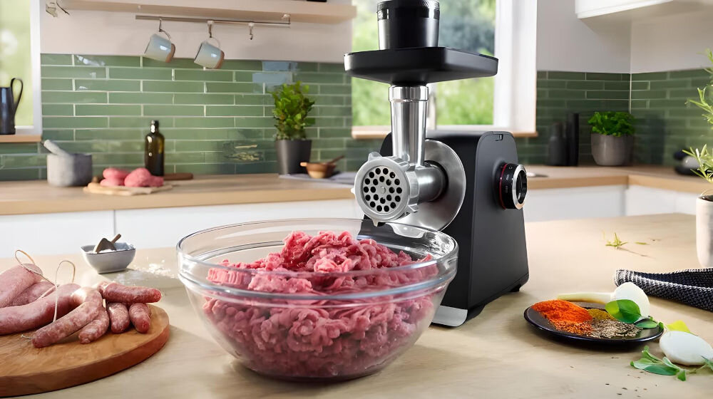 Maszynka do mięsa BOSCH MFWS642B kuchenny pomocnik tło kuchenne maszynka stoi na blacie pokrętło sitko kiełbasy obok na desce mięso mielone w misce przyprawy obok na talerzyku