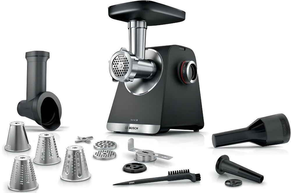 Maszynka do mięsa BOSCH MFWS642B białe tło lejek, 3 sitka popychacz nasadka masarska nasadka do kebbe nasadka do robienia ciastek szatkownica z 4 bębnami dwustronny nóż narzędzie do czyszczenia dokumentacja.