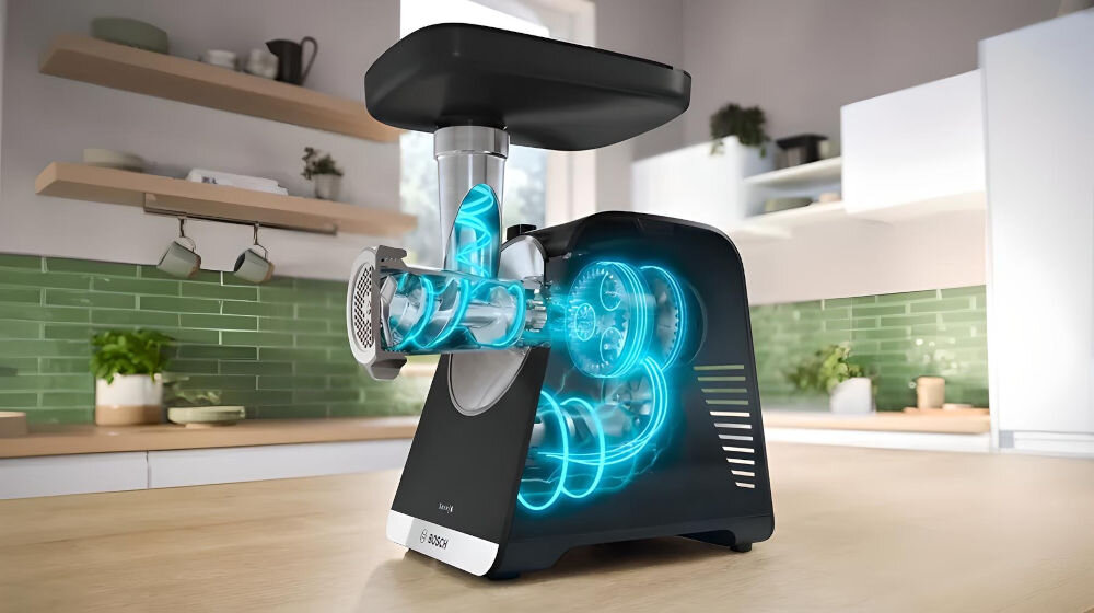 Maszynka do mięsa BOSCH MFWS642B maszynka stojąca na blacie tło kuchenne na niebiesko oznaczone komponenty wewnątrz maszyny przekładnia planetarna trwałość stabilność intensywne długotrwałe użytkowanie efektywne przenoszenie dużej mocy kompaktowe wymiary sprzętu do małych kuchni oszczędność miejsca wydajność 