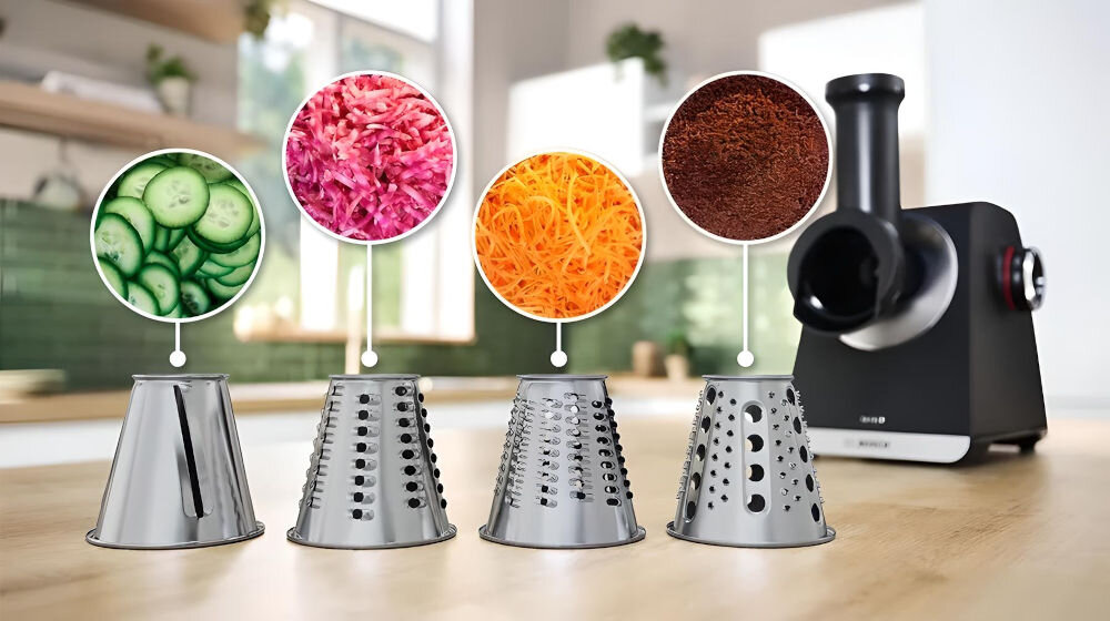 Maszynka do mięsa BOSCH MFWS642B tło kuchenne bębny do szatkowania różne oczka maszynka stoi na blacie tło kuchenne ogórek marchewka poszatkowane cztery różne bębny do szatkowania do krojenia warzyw sałatki surówki dodatki do potraw wymienne bębny tarcie siekanie krojenie na plastry wiele kulinarnych możliwości ścieranie surowych ziemniaków na placki ziemniaczane praktyczne rozwiązanie   