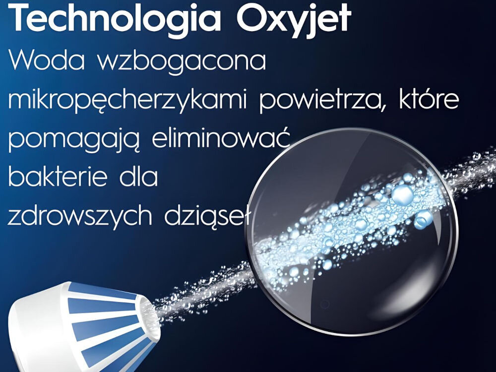 Irygator ORAL-B Oral Health Center  niebieskie tło głowica końcówka strumień wody pęcherzyki technologia OxyJet mikropęcherzyki powietrza usuwanie płytki nazębnej resztek jedzenia i bakterii do trudno dostępnych miejsc i przestrzeni międzyzębowych dokładne oczyszczanie wspomaganie zdrowia dziąseł redukcja ryzyka stanów zapalnych poprawa ogólnej higieny jamy ustnej