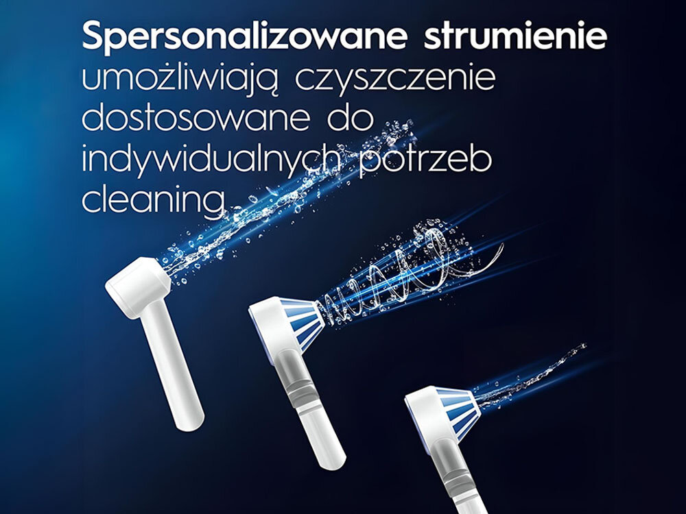 Irygator ORAL-B Oral Health Center niebieskie tło dwie końcówki różne strumienie funkcja regulacji ciśnienia 5 stopni dostosowanie intensywności strumienia komfort delikatne czyszczenie intensywniejsze oczyszczanie regulacja ciśnienia dla różnych stopni wrażliwości jamy ustnej skuteczna bezpieczna higiena