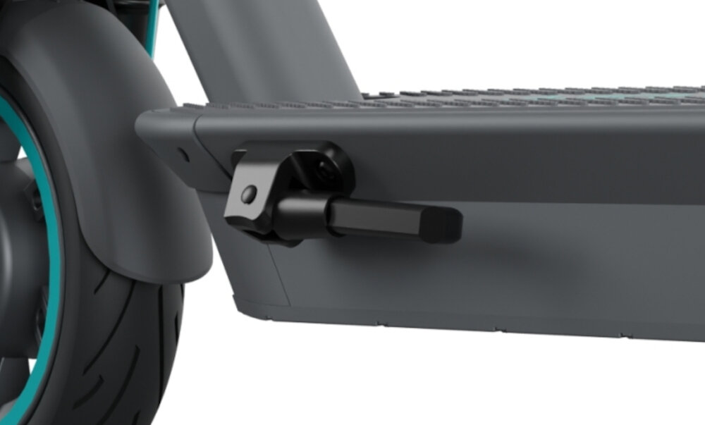 Hulajnoga elektryczna MOTUS Scooty 10 Gen 6 65km 350W 10 cali Szary zbliżenie na stopkę składana stopka wytrzymała nóżka w centralnym punkcie ciężkości