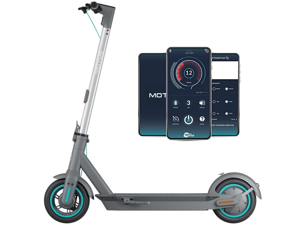 Hulajnoga elektryczna MOTUS Scooty 10 Gen 6 65km 350W 10 cali Szary hulajnoga widoczna z boku obok telefon w trzech ujęcia z włączoną aplikacją zdjęcie na białym tle wbudowany moduł Bluetooth aplikacja mobilna Motus monitorowanie historii swoich przejazdów sprawdzanie informacji funkcja nawigacji monitorowanie trasy ustawienie tempomatu włączenia/wyłączenia świateł wyłączenie sprzęt po skończonej podróży na systemy Android i iOS