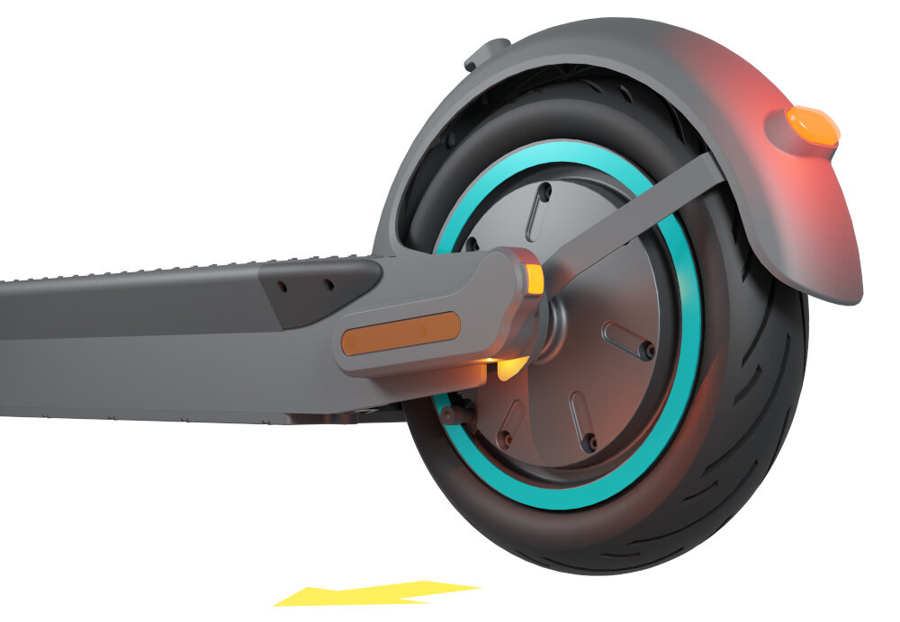 Hulajnoga elektryczna MOTUS Scooty 10 Gen 6 65km 350W 10 cali Szary zbliżenie na tylne koło podświetlenie światła stopu strzałka pokazująca kierunek jazdy zdjęcie na białym tle bezpieczeństwo przedni hamulec mechaniczny bębnowy bardzo duża siła hamowania niemal bezawaryjny działa na każdej nawierzchni system oświetlenia informuje innych uczestników ruchu o momencie hamowania