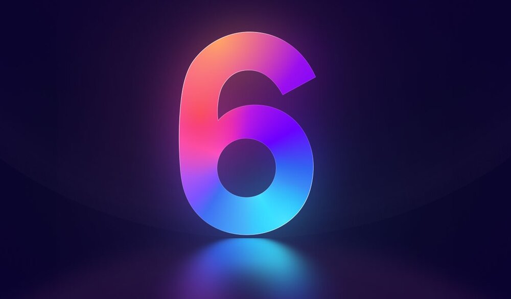Różowo błękitna cyfra sześć na granatowym tle