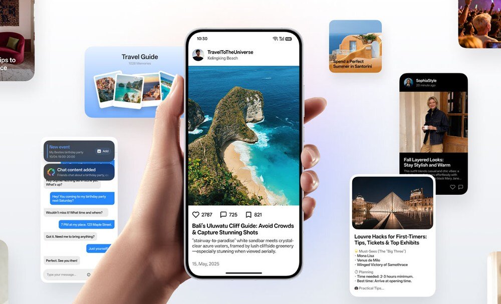 Telefon trzymany w dłoni na tle ekranów z różnych aplikacji