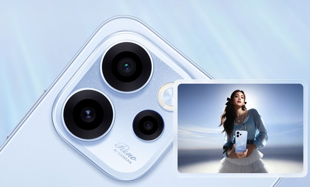 Zbliżenie na mieniącą się wyspę aparatów w OPPO Reno15 F