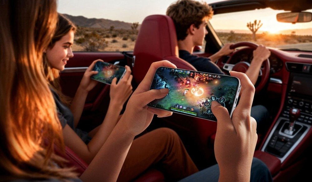 Młodzi ludzie na tylnym siedzeniu kabrioletu grający na smartfonach