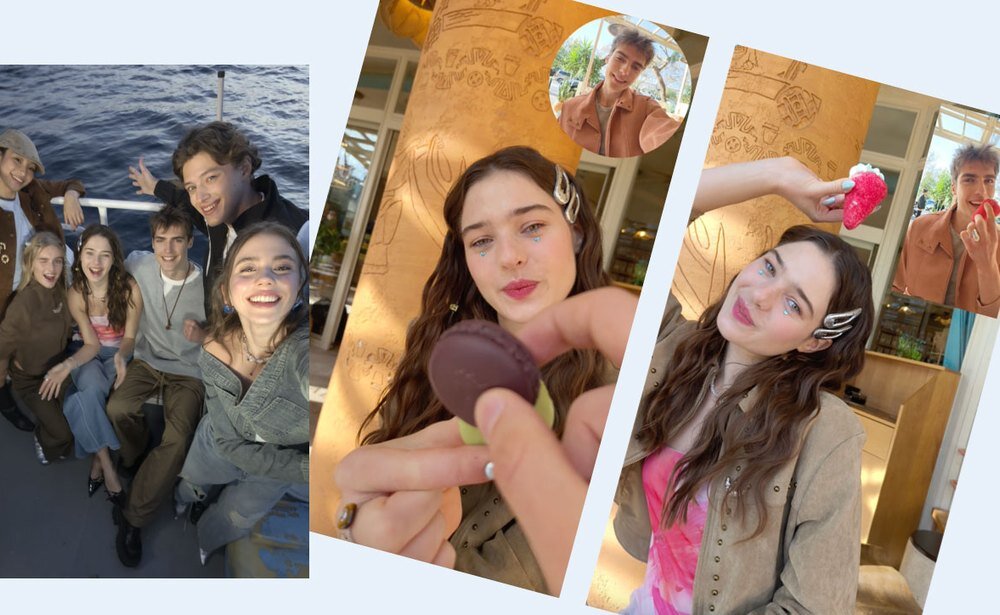 Grupa młodych ludzi nad wodą oraz młoda dziewczyna z truskawkami w dłoni nagrywająca wideo dwoma aparatami