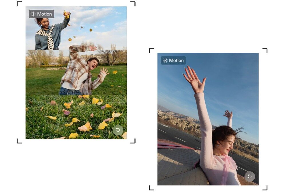 Dziewczyna rzucająca jesiennymi liśćmi w śmiejącego się chłopaka oraz Dziewczyna z rękami w górze w kabriolecie