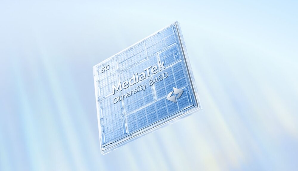 Chip mediatek unoszący się na błękitnym tle