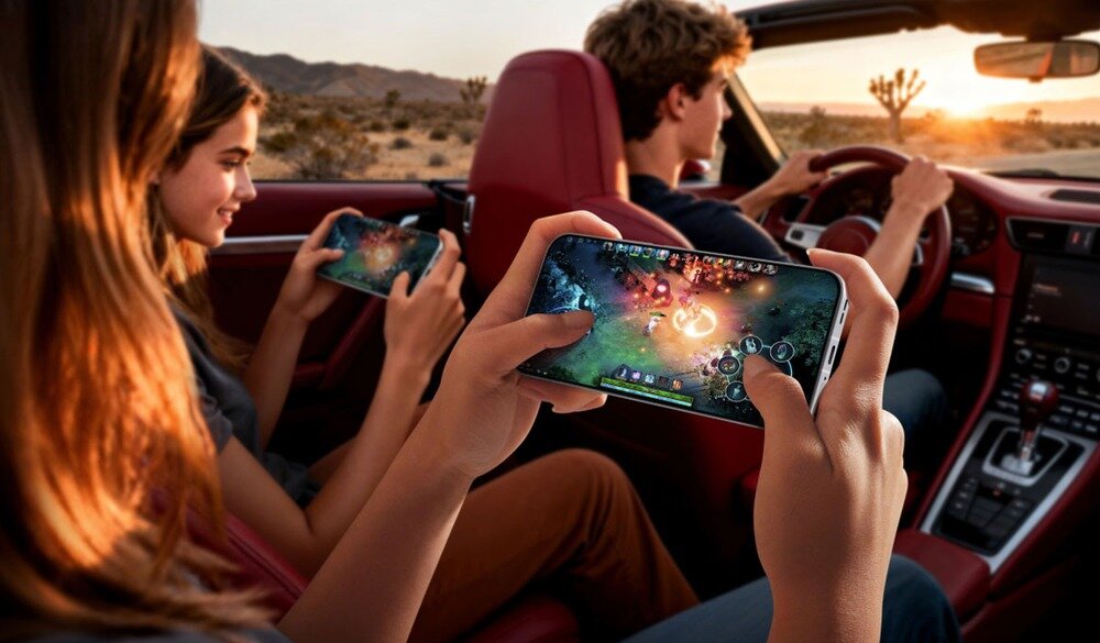 Młodzi ludzie na tylnym siedzeniu kabrioletu grający na smartfonach