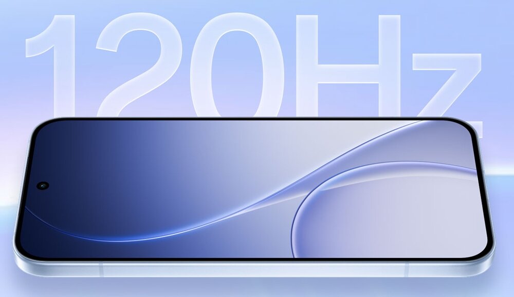 Smartfon leżący poziomo z widocznym wyświetlaczem i napisem 120 Hz w tle