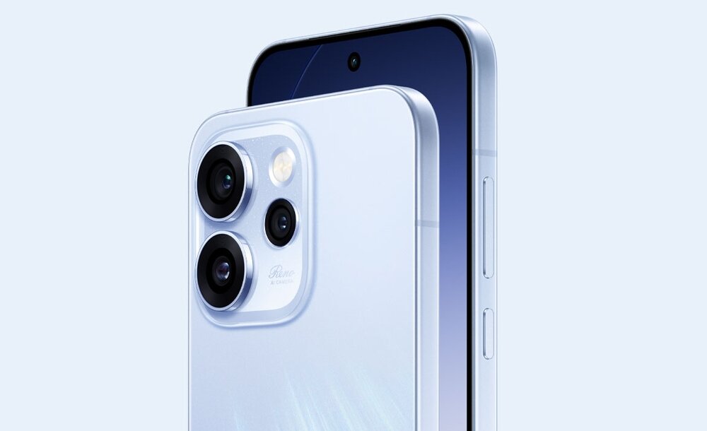 Wyspa aparatów umieszczona z tyłu Reno15 Pro oraz aparat do selfie umieszczony z przodu telefonu