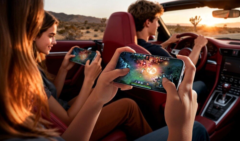 Młodzi ludzie na tylnym siedzeniu kabrioletu grający na smartfonach