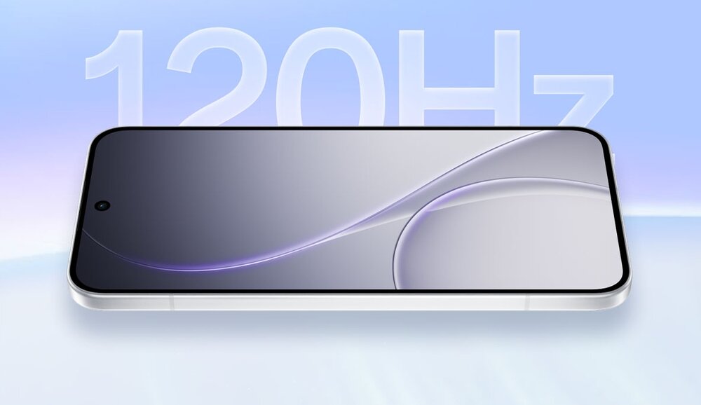 Smartfon leżący poziomo z widocznym wyświetlaczem i napisem 120 Hz w tle