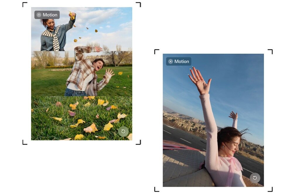 Dziewczyna rzucająca jesiennymi liśćmi w śmiejącego się chłopaka oraz Dziewczyna z rękami w górze w kabriolecie