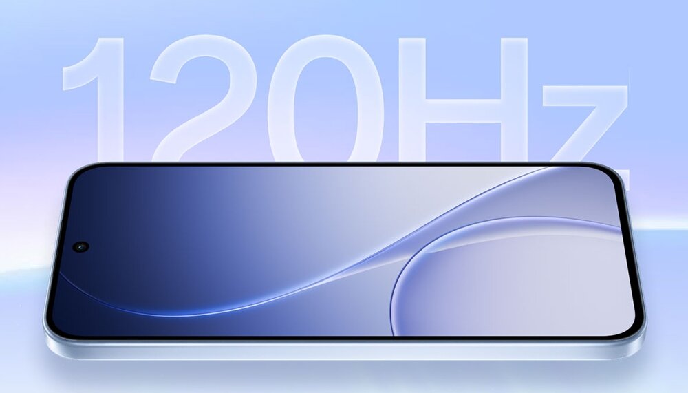Smartfon leżący poziomo z widocznym wyświetlaczem i napisem 120 Hz w tle