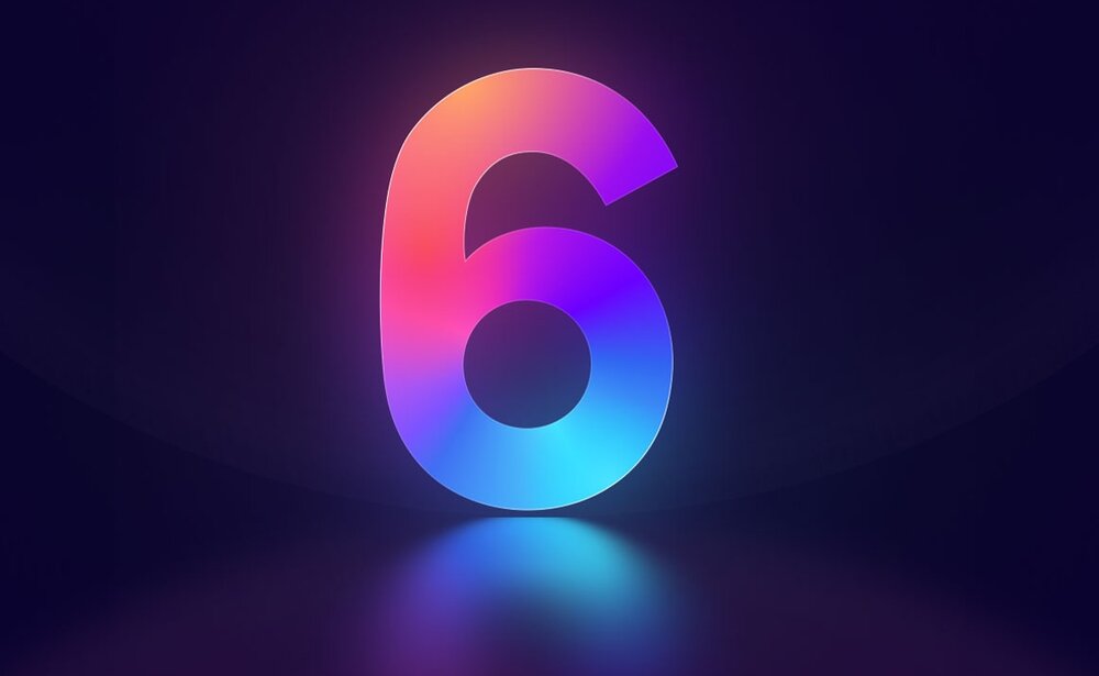 Różowo błękitna cyfra sześć na granatowym tle