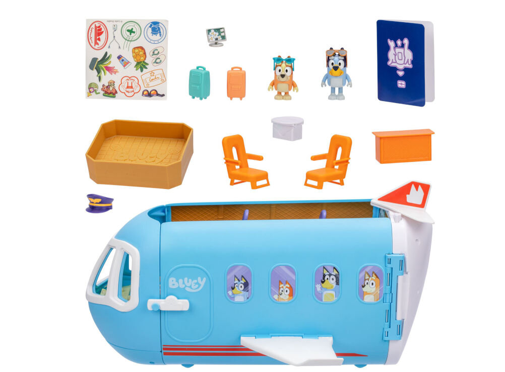 Zestaw figurek BLUEY Samolot BLU17670, 2x krzesło, 2x bagaż, czapka pilota, komputer, paszport, samolot, stanowisko odprawy, stół