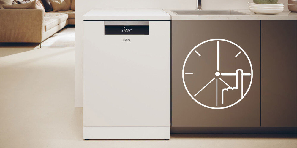 ZMYWARKA HAIER I-PRO SHINE 5 XF 6B2M3PW AI SMART zdjęcie lifestyle ikona grafika zegar czas zmywarka zamknięta front Opóźnienie startu do 24 h planowanie godzina czas czyste suche mniejsze rachunki