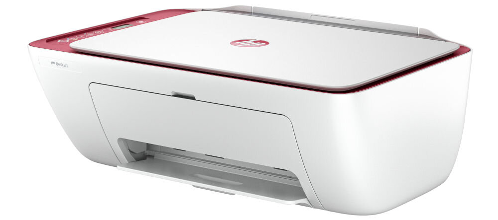 Urządzenie wielofunkcyjne HP DeskJet 2823e Druk w kolorze Wi-Fi prezentacja urządzenia od przodu pod kątem na białym tle konstrukcja 425 x 304 x 154 mm waga łatwe przenoszenie