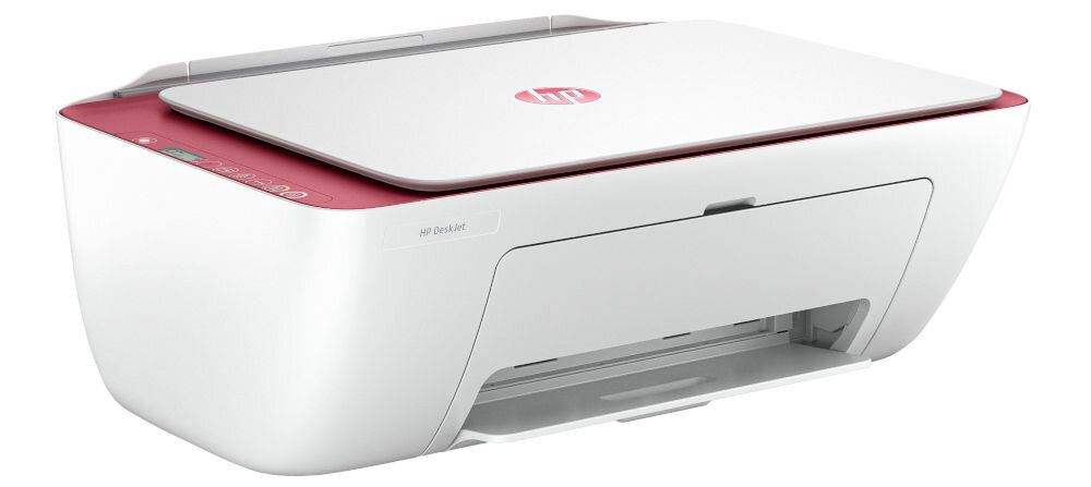 Urządzenie wielofunkcyjne HP DeskJet 2823e Druk w kolorze Wi-Fi prezentacja urządzenia od przodu pod kątem na białym tle energooszczędność zużycie energii ekologia energooszczędność obniżenie kosztów