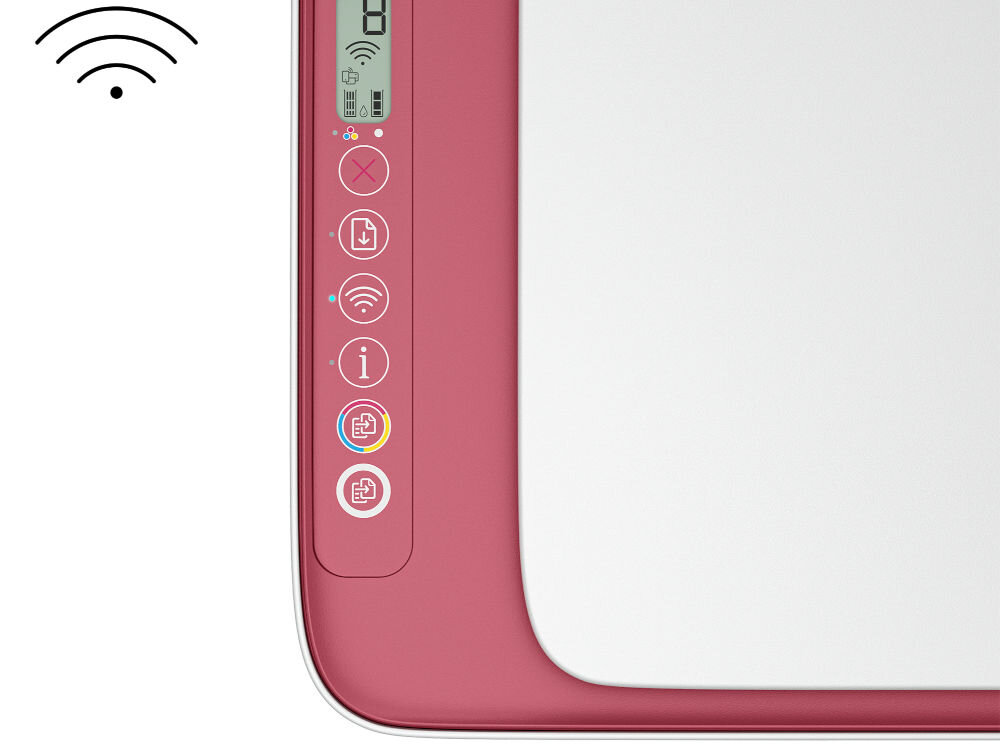 Urządzenie wielofunkcyjne HP DeskJet 2823e Druk w kolorze Wi-Fi zbliżenie na panel urządzenia na białym tle ikona Wi-Fi łącze bezprzewodowe Wi-Fi 802.11b g n automatyczne przywracanie połączenia