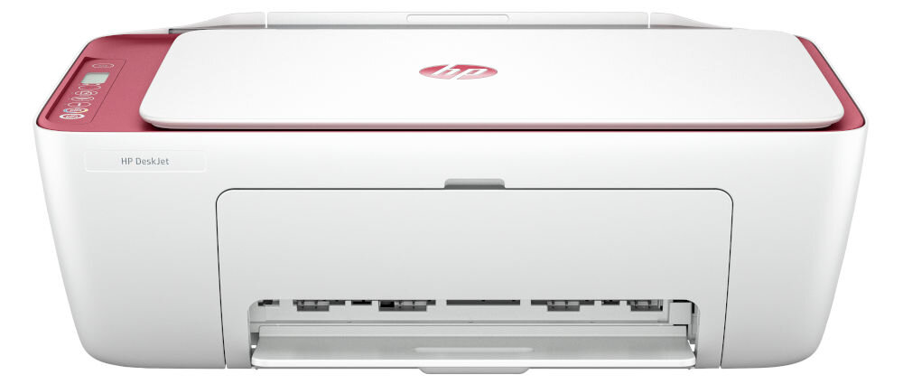 Urządzenie wielofunkcyjne HP DeskJet 2823e Druk w kolorze Wi-Fi prezentacja urządzenia od przodu na białym tle szybkość druku czarno białego 7.5 str min wydruk pierwszej strony skrócenie czasu