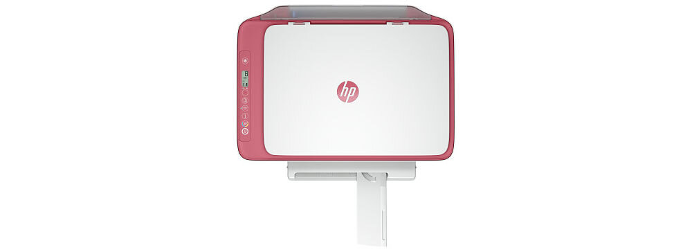 Urządzenie wielofunkcyjne HP DeskJet 2823e Druk w kolorze Wi-Fi prezentacja urządzenia od góry na białym tle prędkość druku kolorowego 5.5 str min wydruk pierwszej strony sprawna realizacja