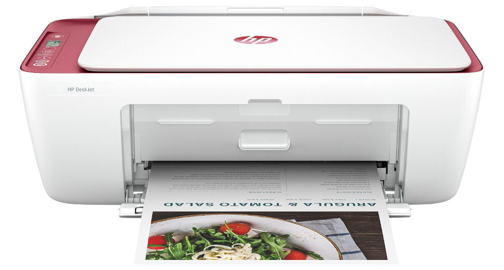 Urządzenie wielofunkcyjne HP DeskJet 2823e Druk w kolorze Wi-Fi prezentacja urządzenia od przodu na białym tle z wydrukowaną kartką wysoka rozdzielczość druku 1200 x 1200 i 4800 x 1200 dpi szczegółowe wydruki