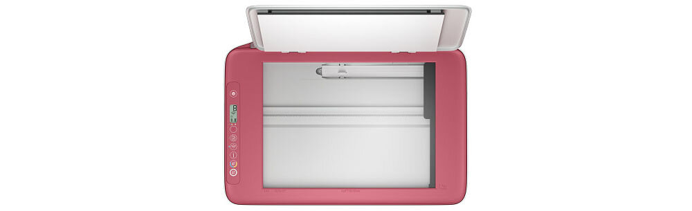 Urządzenie wielofunkcyjne HP DeskJet 2823e Druk w kolorze Wi-Fi prezentacja urządzenia od góry na białym tle otwarty skaner kopiowanie skanowanie 1200 dpi digitalizacja dokumentów