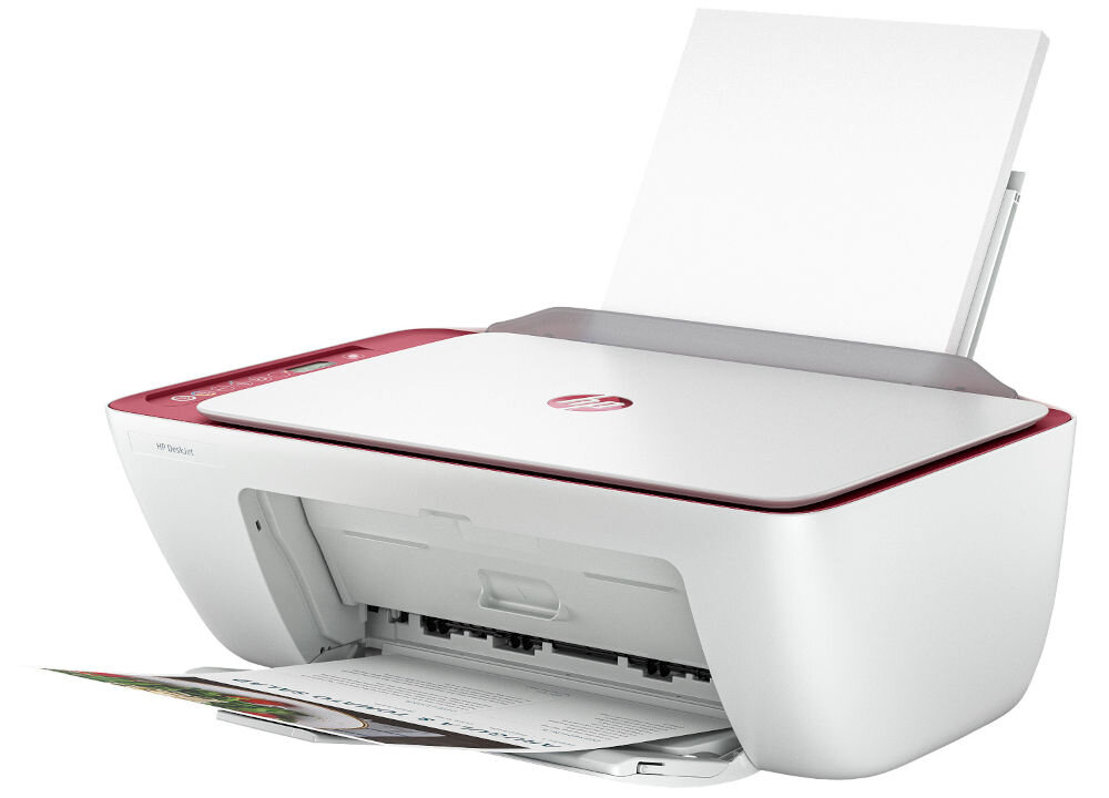 Urządzenie wielofunkcyjne HP DeskJet 2823e Druk w kolorze Wi-Fi prezentacja urządzenia od przodu pod kątem na białym tle w podajniku białe kartki w tacy odbiorczej kartka pojemnik na papier 60 arkuszy taca odbiorcza serie dokumentów różne nośniki wymiary elastyczne dopasowanie