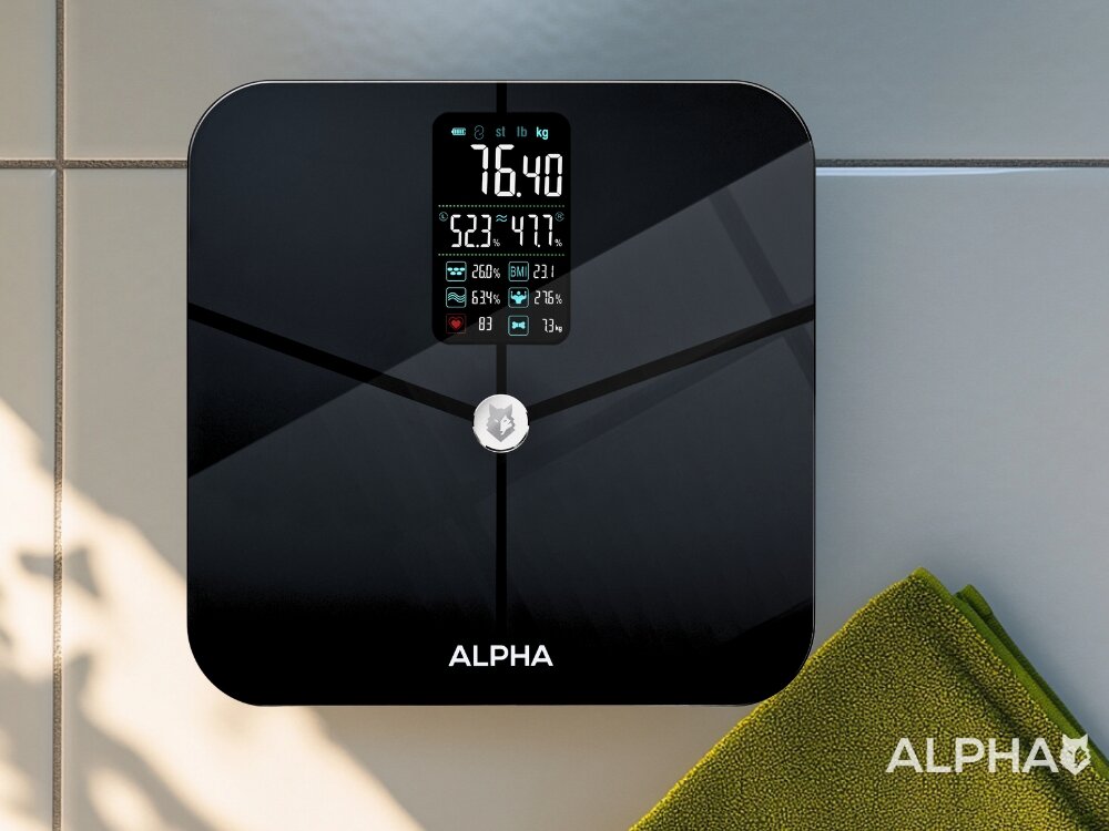Waga łazienkowa ALPHA Smart Scale Pro duża platforma, analiza składu ciała, śledzenie postępów, integracja z telefonem, bezpieczeństwo i stabilność