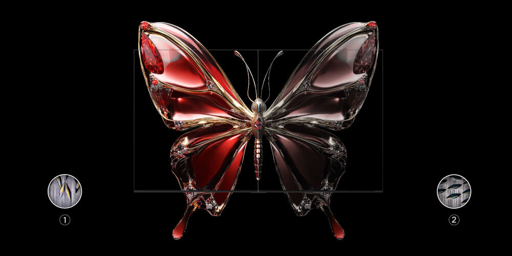 Telewizor TCL 75C8K - Widoczność pod każdym kątem, CrystGlow WHVA, szeroki kąt widzenia, kontrast, Powłoka antyrefleksyjna, motyl ze szkła na czarnym tle