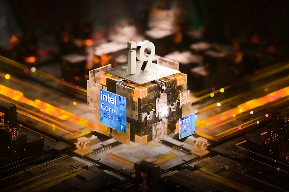 Komputer CHUWI AuBox-P-K4 Grafika przedstawiająca sześcian z logo 'Intel Core i9-13900HK' na tle schematycznego układu scalonego z żółto-pomarańczowymi liniami, procesor, rdzenie, moc obliczeniowa