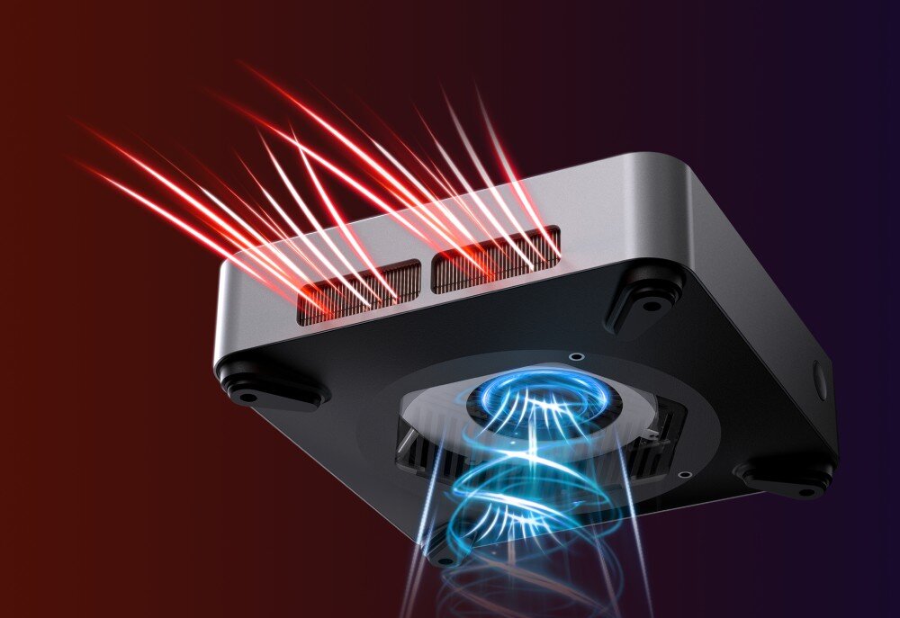 Komputer CHUWI AuBox-P-K4 Widok od spodu na komputer z graficzną prezentacją przepływu powietrza – czerwone strzałki oznaczają wydmuch, a niebieskie zasysanie, chłodzenie, wentylatory, radiator, TDP